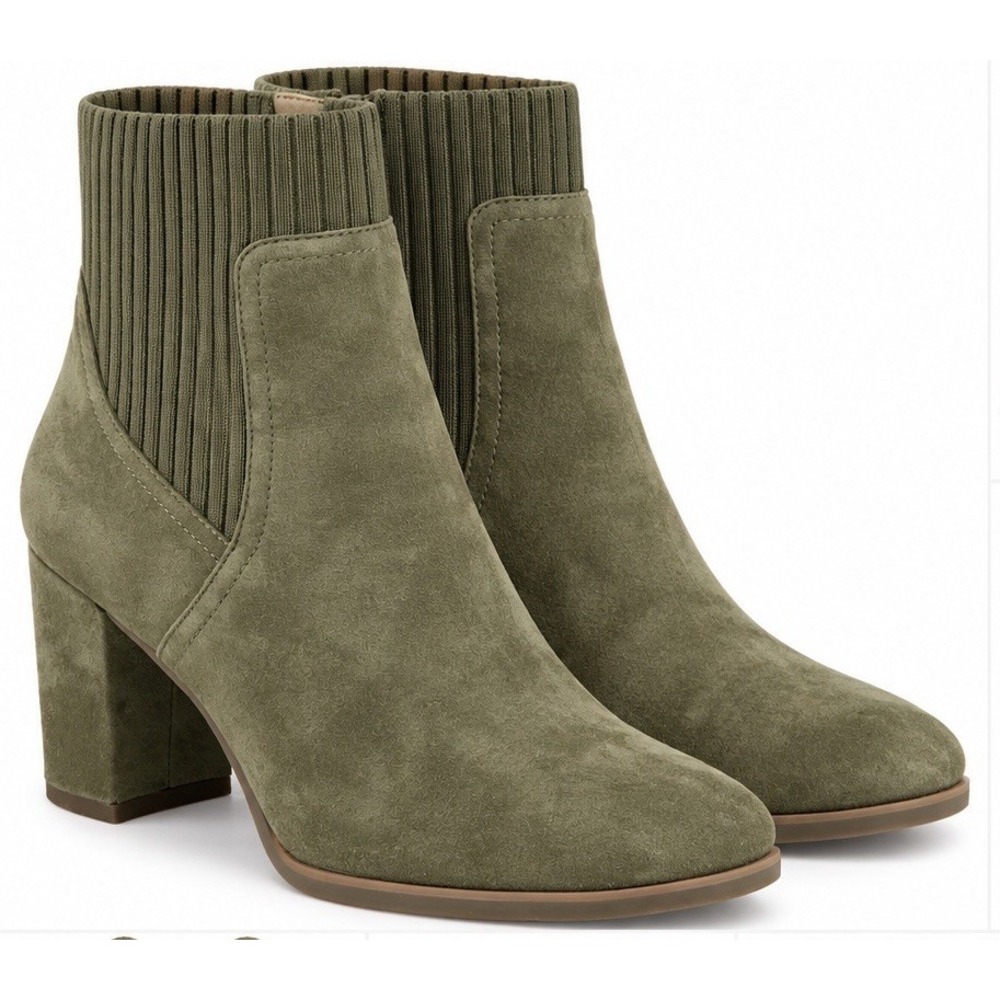 Vionic Kaylee Suede Knit Ankle Boots Olive Green Women's 6.5 MSRP $168
